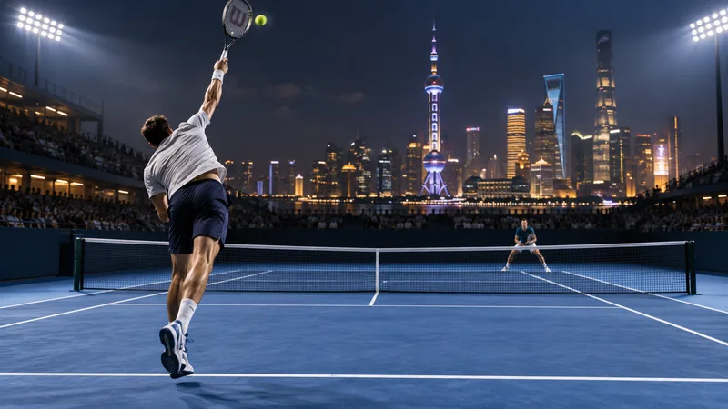 An anonymous player serves on a blue hard court beneath Shanghai night lights.