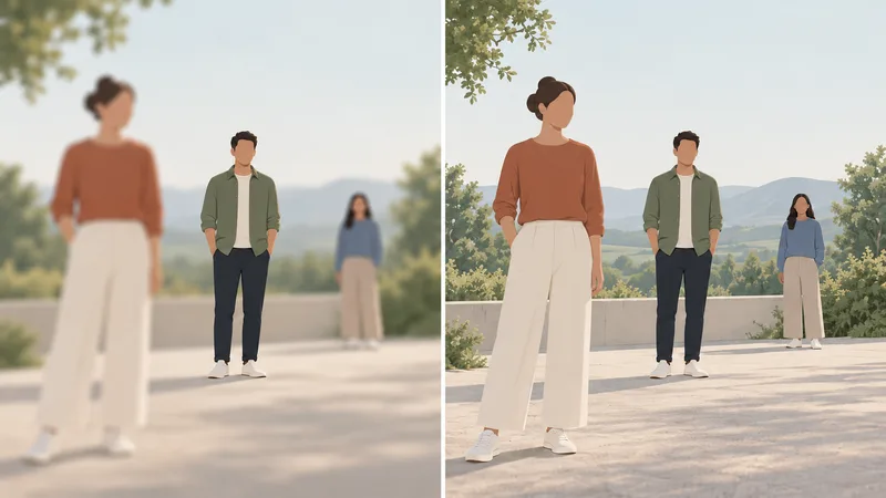 Concept comparison of the same three anonymous people at near, middle, and far distances. With a wider opening the middle person is in focus while the others are soft; with a smaller opening more of the group is in focus.