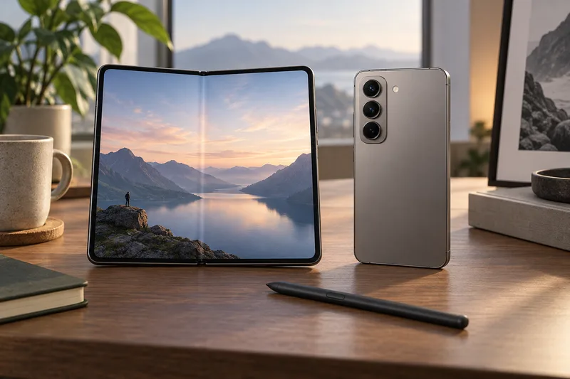 A generic foldable smartphone beside a conventional smartphone, illustrating different screen formats.