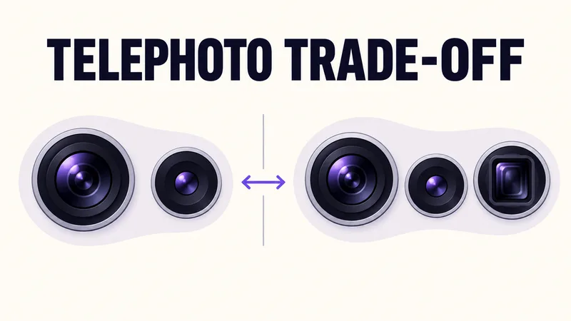 Concept illustration of two camera-lens groups, one adding a dedicated telephoto symbol, under TELEPHOTO TRADE-OFF.