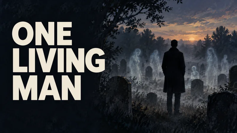 An anonymous solitary figure stands among translucent cemetery ghosts beneath the words ONE LIVING MAN.