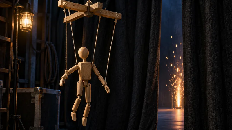 A plain wooden puppet control bar and strings hang before dark curtains with a small contained spark in the distance.