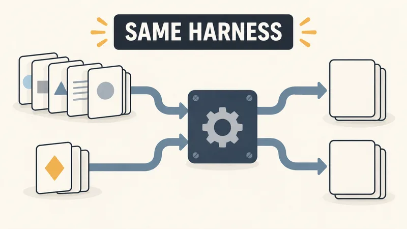 Two question-card lanes pass through one shared abstract harness to blank outputs beneath SAME HARNESS.