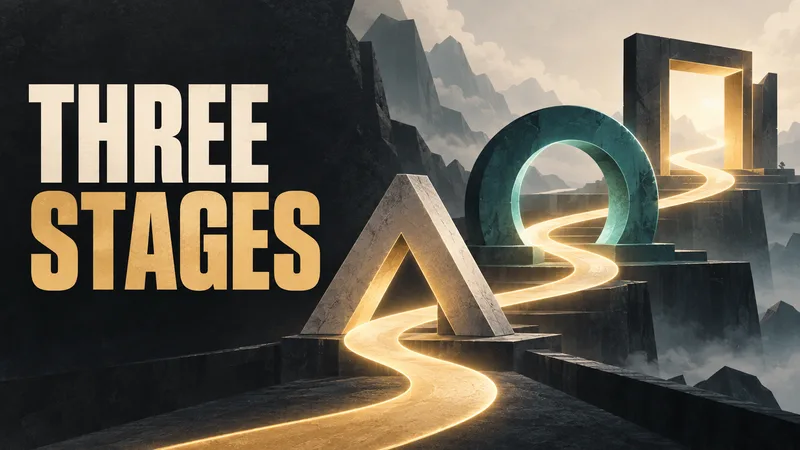 A bright path winds through three abstract stage gates beneath the words THREE STAGES.