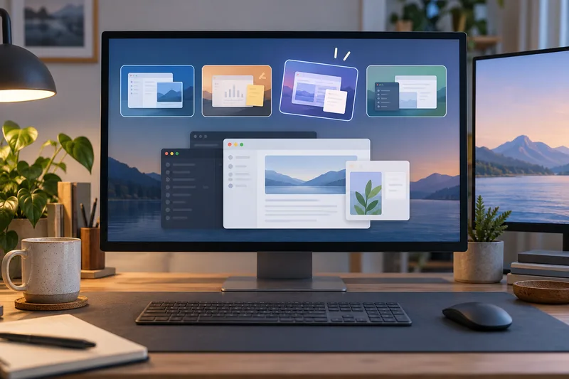 Several generic desktop windows overlap on a monitor, with one workspace card slightly offset.