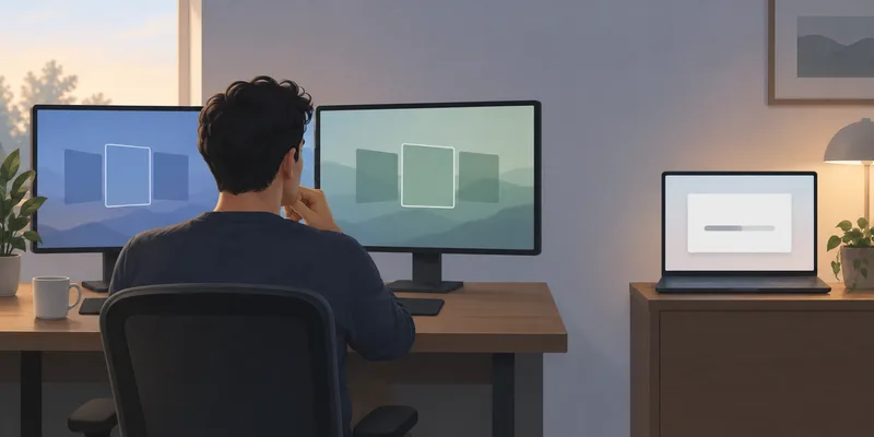 A Mac user views abstract workspace panes on two monitors while a separate screen shows a blank update panel.