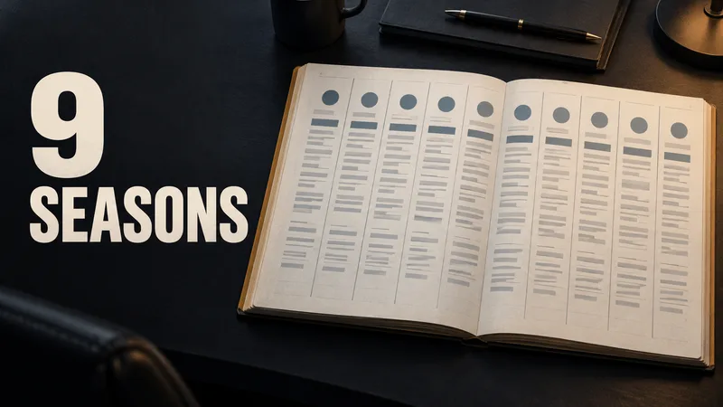 A generic financial ledger with nine columns beside the words 9 SEASONS.