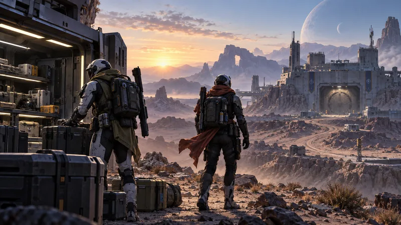 Two anonymous sci-fi runners stand beside equipment on a desert route leading to a distant outpost.
