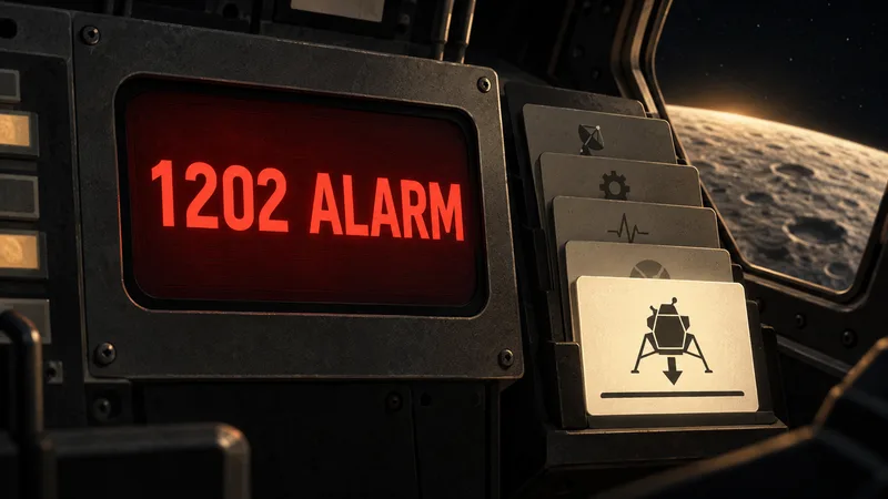 A conceptual Apollo-era warning panel reads 1202 ALARM beside a bright landing-task card above dimmed background tasks.