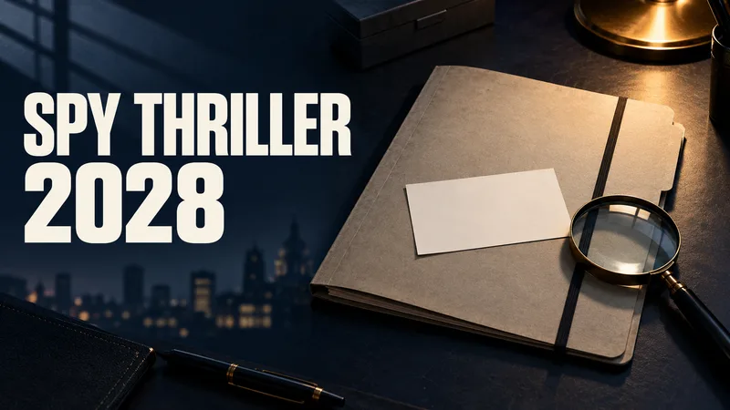 An unmarked case folder and magnifying glass sit beside the words SPY THRILLER 2028.