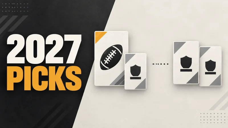 A conceptual exchange of blank football and draft-pick cards beside the words 2027 PICKS.