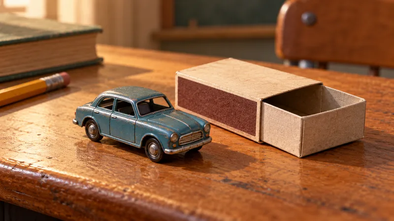Concept still life of a small unbranded die-cast car beside a plain open matchbox on a school desk, illustrating the origin of the name.