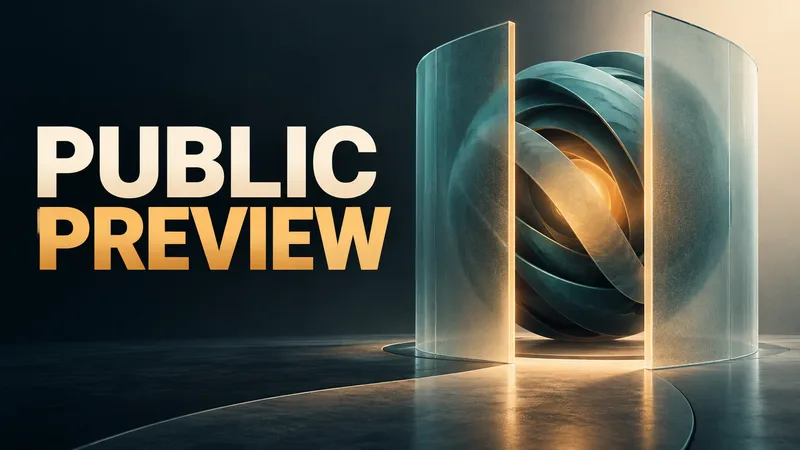Editorial concept illustration showing a large abstract model core behind a partly open translucent gateway, with the words “PUBLIC PREVIEW.”