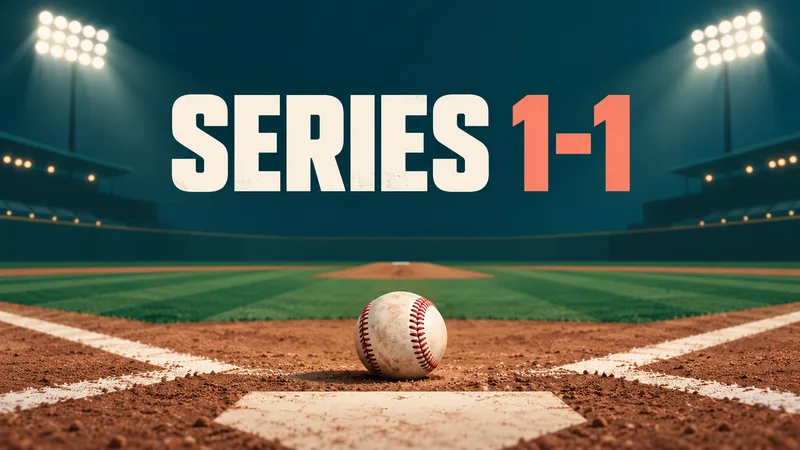 Concept illustration of an unbranded baseball near home plate in an empty stadium, with the words SERIES 1-1.