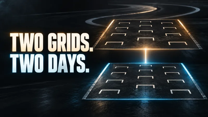 Two abstract grid panels sit on separate levels across a dark, unbranded circuit-like surface under the words TWO GRIDS. TWO DAYS.