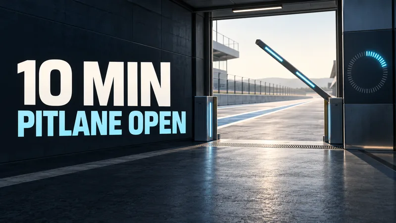A generic empty pitlane gate stands open beside an unlabeled timer arc under the words 10 MIN and PITLANE OPEN.