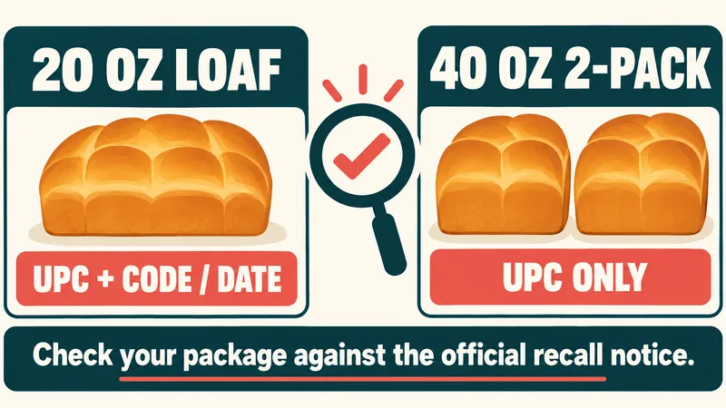 A conceptual comparison shows a 20 oz loaf with UPC and code/date information and a 40 oz two-pack identified by UPC only.