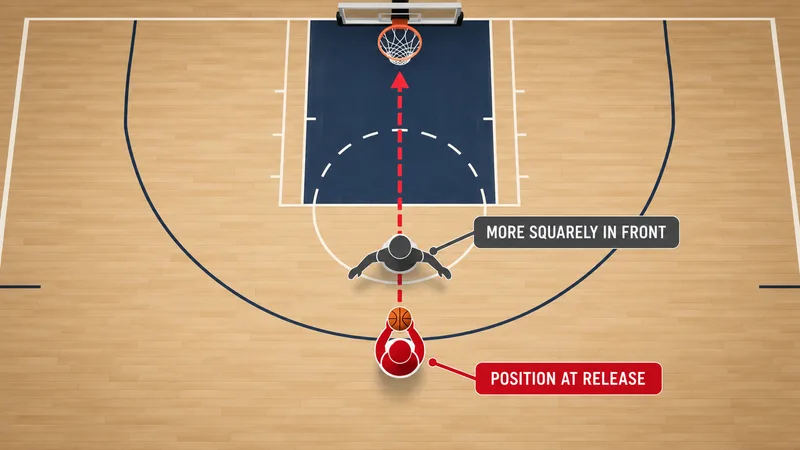 Concept half-court diagram showing why defender position at the moment of release matters to a shot contest.