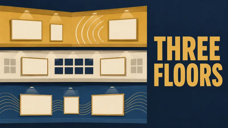 A flat editorial diagram of three stacked museum layers with blank display frames and abstract radio-wave lines beside the words THREE FLOORS.