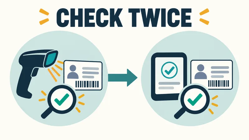 Concept graphic showing an identity check after scanning and another identity check at the result stage under CHECK TWICE.