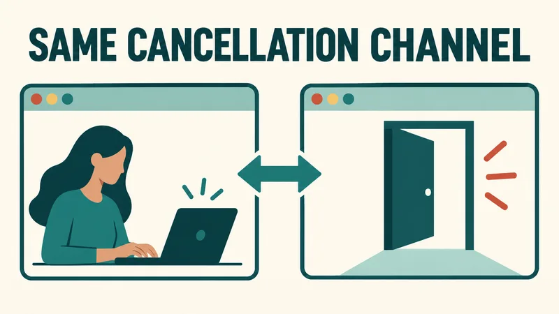 Concept graphic of blank browser windows connected to an exit route under SAME CANCELLATION CHANNEL.