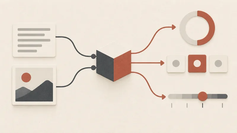 Text and image inputs flow through a central decision process to a probability ring, a selected option and a score scale.