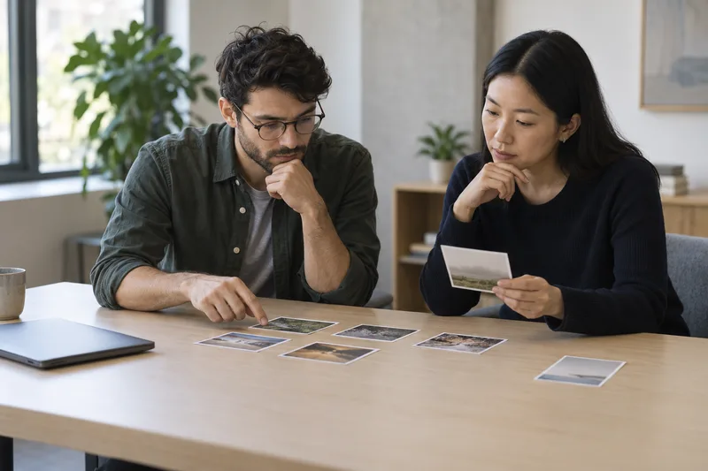 Two reviewers inspect a small set of image examples before routing an ambiguous case for human review.
