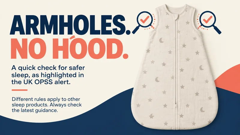 A generic concept sleep bag with arm openings and no hood, beside magnifying-glass check symbols and the words “ARMHOLES. NO HOOD.”
