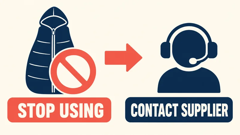 An abstract hooded sleeping-bag icon with a stop-use symbol points to a supplier-contact icon; the words “STOP USING” and “CONTACT SUPPLIER” appear below.