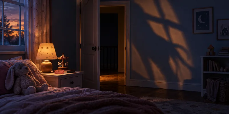 An empty bedroom doorway casts an ambiguous shadow beside a bedside lamp, suggesting a supernatural film without depicting a character.