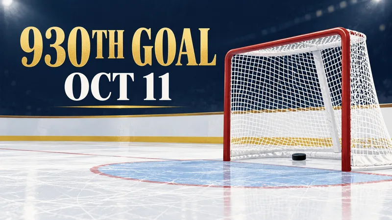 A black puck rests just inside a white hockey net beneath gold text reading 930TH GOAL and white text reading OCT 11 on a navy backdrop.