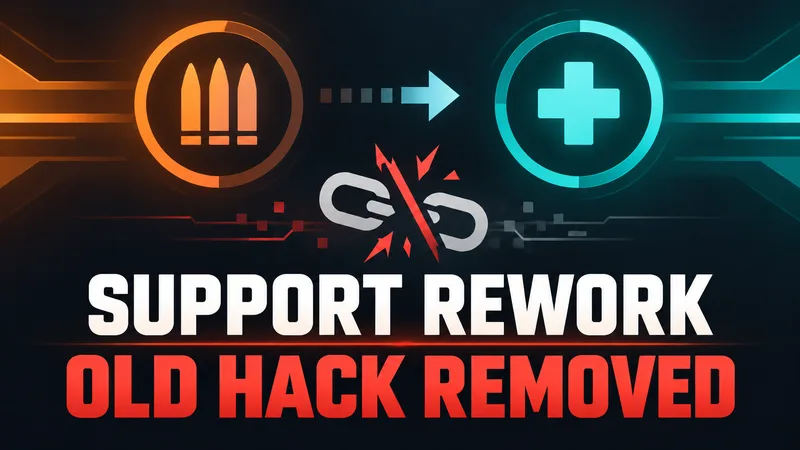 An abstract amber damage marker transitions to a teal support symbol beside a broken-link mark and the words SUPPORT REWORK and OLD HACK REMOVED.