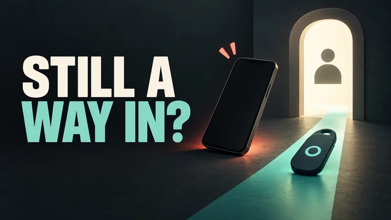 Concept illustration of a generic lost phone beside an account doorway with one other unbranded credential route still connected.