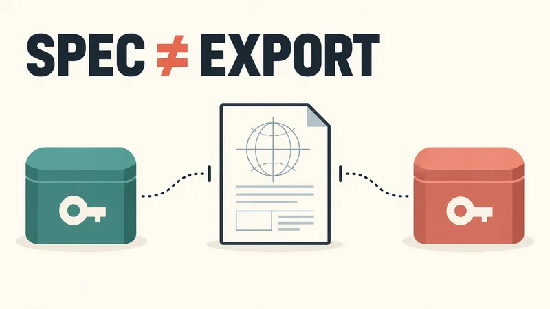 Concept diagram labeled “SPEC ≠ EXPORT,” with two separate credential stores and a dotted path that stops before either one.