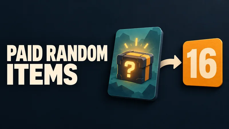Concept illustration reading PAID RANDOM ITEMS beside an abstract digital game card with a sealed mystery box pointing to a plain 16 tag.