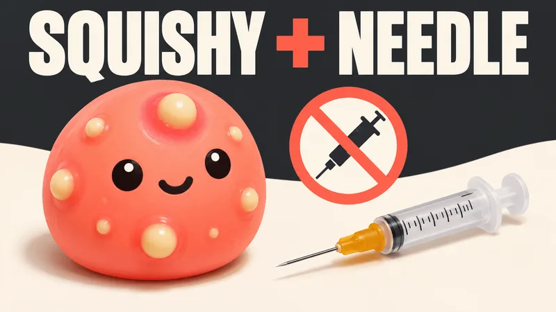 A coral pimple-face squishy toy sits beside a separate syringe accessory under “SQUISHY + NEEDLE”, with a stop-use symbol.