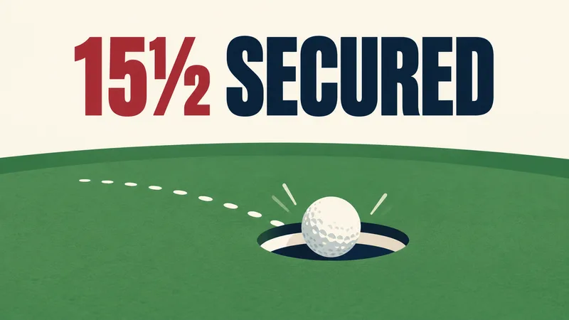 A generic white golf ball drops into a dark cup on a flat green beneath the exact words 15½ SECURED.