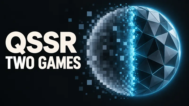 A geometric image panel resolves from coarse pixels into sharp faceted detail beside the words QSSR and TWO GAMES.