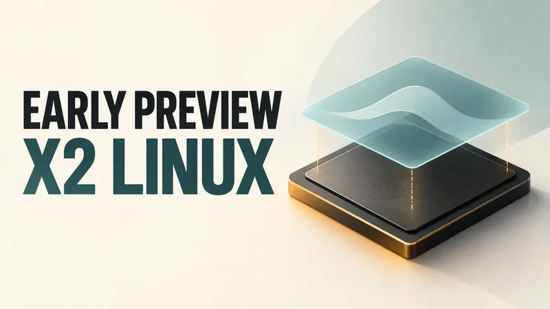 Concept illustration of one anonymous processor tile beneath a translucent software layer, beside the words EARLY PREVIEW and X2 LINUX.