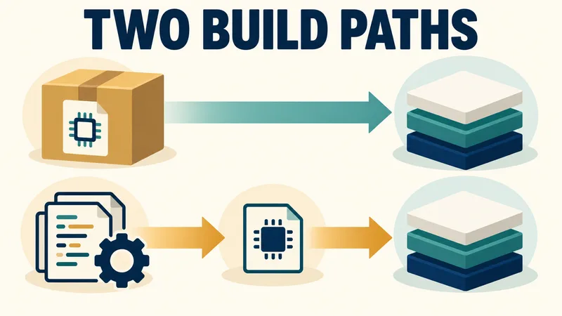 Two schematic lanes show prebuilt firmware leading to a Debian layer and source files leading through a firmware build to Debian, beneath TWO BUILD PATHS.