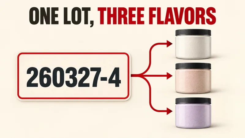 Concept diagram showing identifier 260327-4 branching to three unmarked supplement tubs under ONE LOT, THREE FLAVORS.