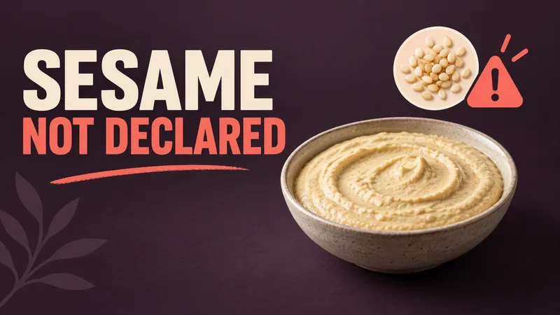 A generic bowl of smooth dip beside a separate sesame-seed symbol and warning mark, under the words “SESAME NOT DECLARED.”