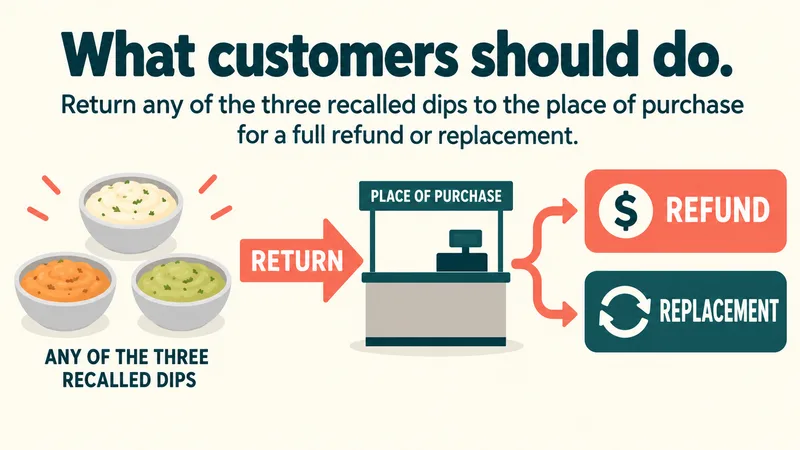 Three generic bowls of dip point to a neutral purchase counter and two options, refund or replacement.