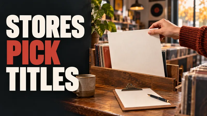 A shopkeeper selects one blank record sleeve beside an order slip under the words STORES PICK TITLES.