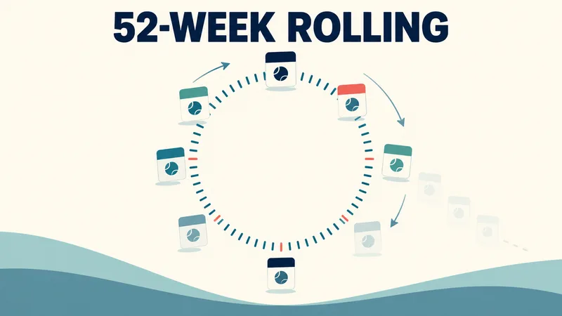 A ring of week marks and abstract tennis-result tiles illustrates the WTA's rolling 52-week ranking system.