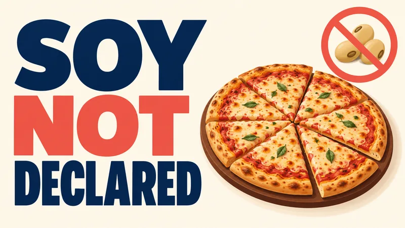 A generic sliced pizza sits beside a separate crossed-soybean warning symbol under the words ‘SOY NOT DECLARED.’