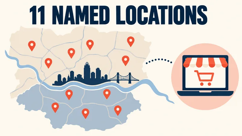 A schematic local map with illustrative pins and a separate online-store icon beneath the words ‘11 NAMED LOCATIONS.’
