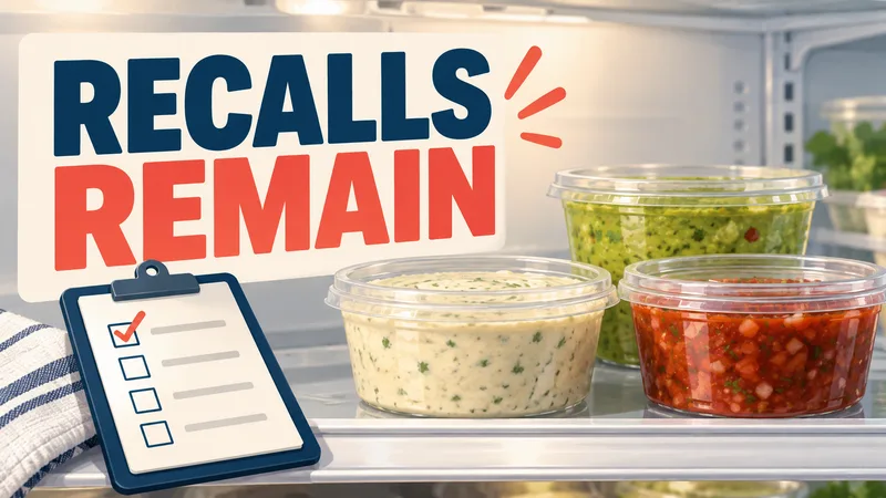 Generic sealed tubs of dip and salsa sit on a refrigerated shelf beside a checklist under the words ‘RECALLS REMAIN.’