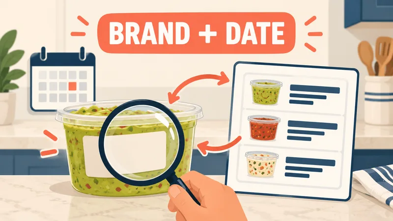 A magnifying glass checks a blank panel on a generic food tub beside a calendar and recall list under ‘BRAND + DATE.’