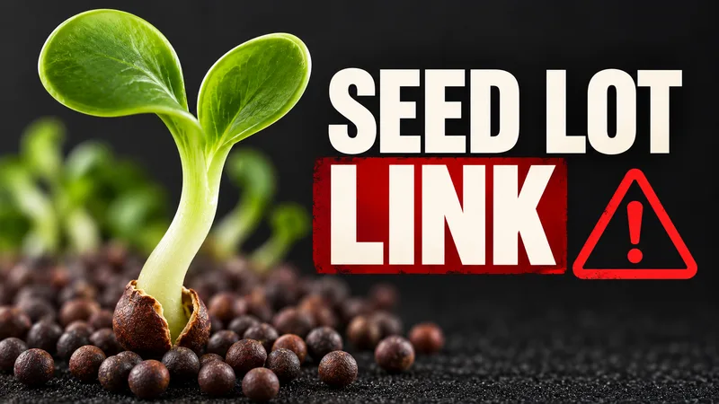 Concept cover of a broccoli sprout above small round dark seeds beside SEED LOT LINK.
